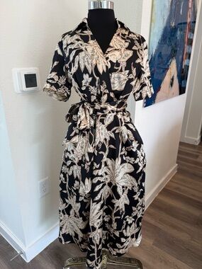 Tahari ASL Black and Cream Floral Wrap Maxi Dress Size 6